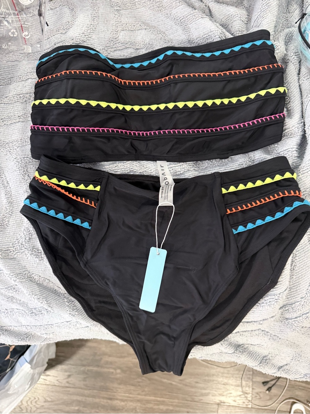 Black Bandeau Bikini Set with Neon Trim